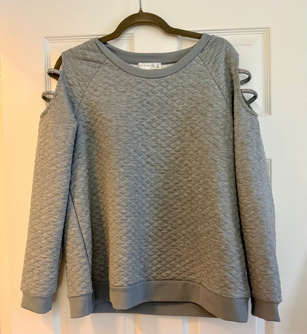 Retrology Grey Quilted Cold Shoulder Sweatshirt with Rhinestone Straps - L